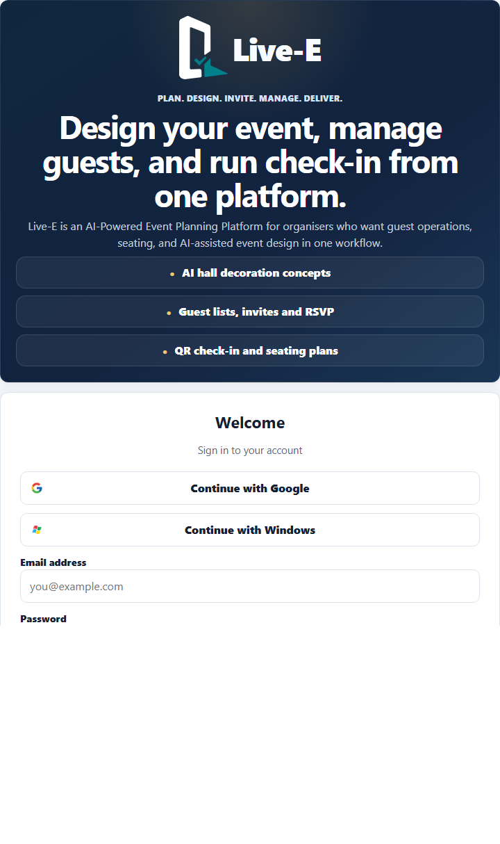 Live-E sign-in page with Google, Apple, and email/password options.