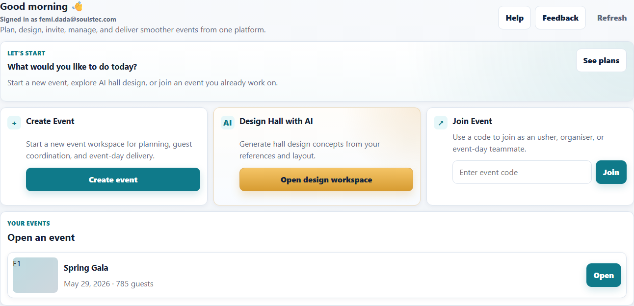 Dashboard with create and join event cards and events list.