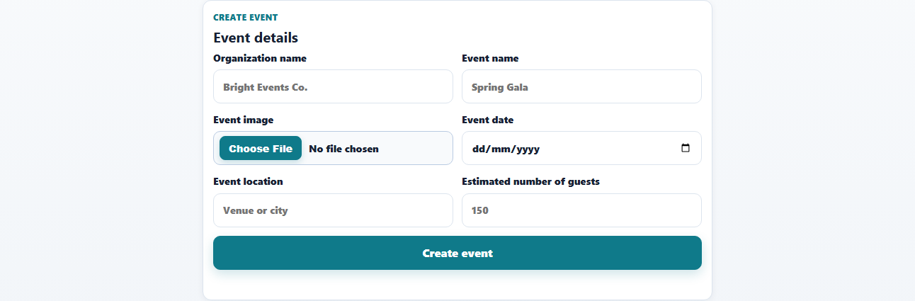 Create event form with organization, event details, and create button.