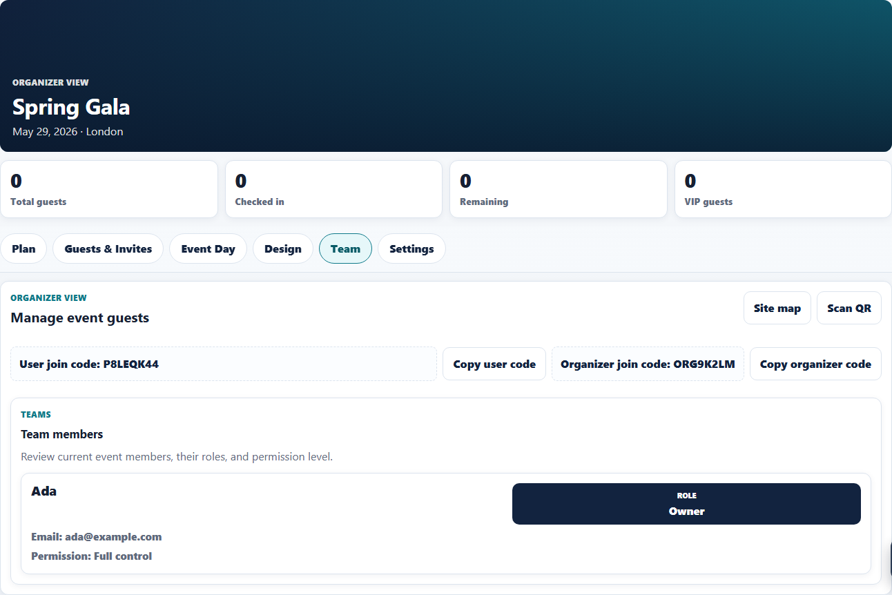 Organizer event view showing CSV load and guest management tools.