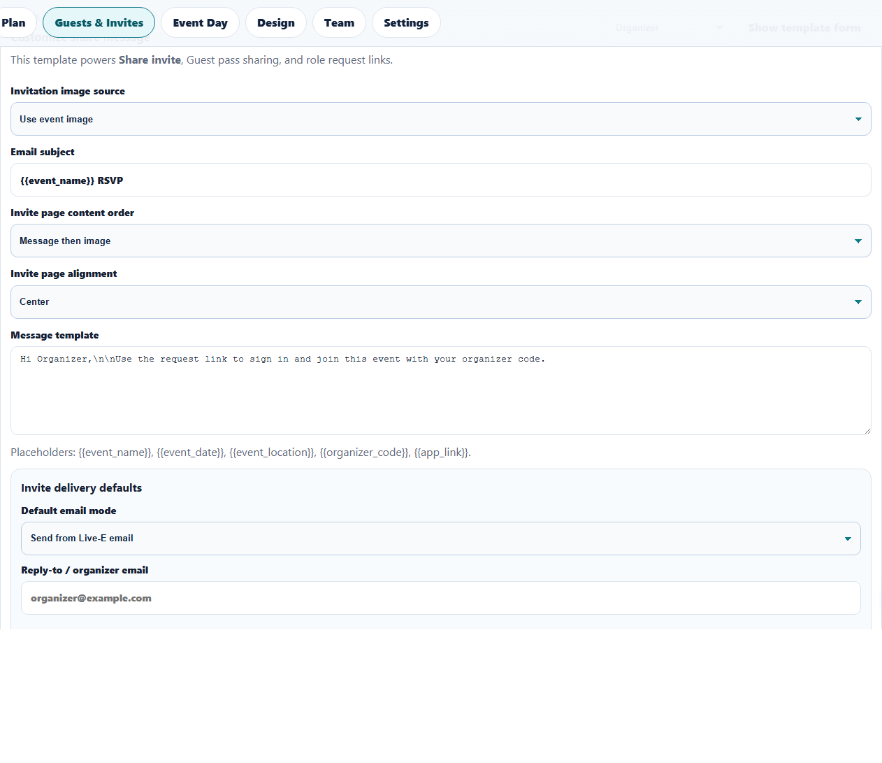 Invite template panel with template fields and save action.