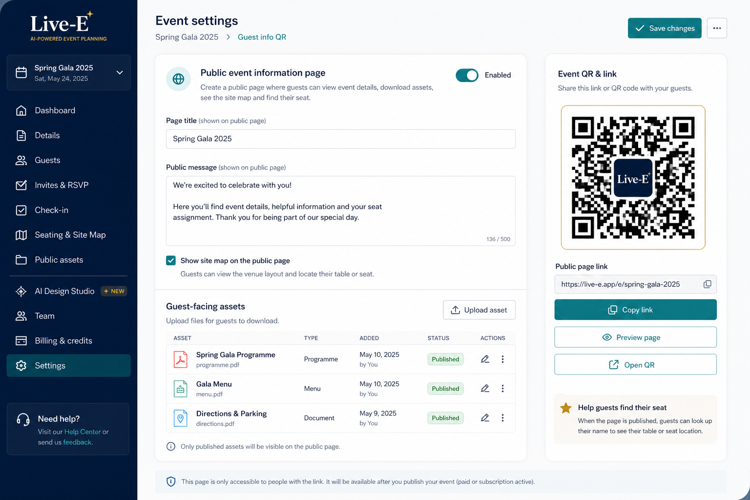 Live-E Guest info QR settings showing the public event information page, uploaded guest-facing assets, and Event QR link actions.