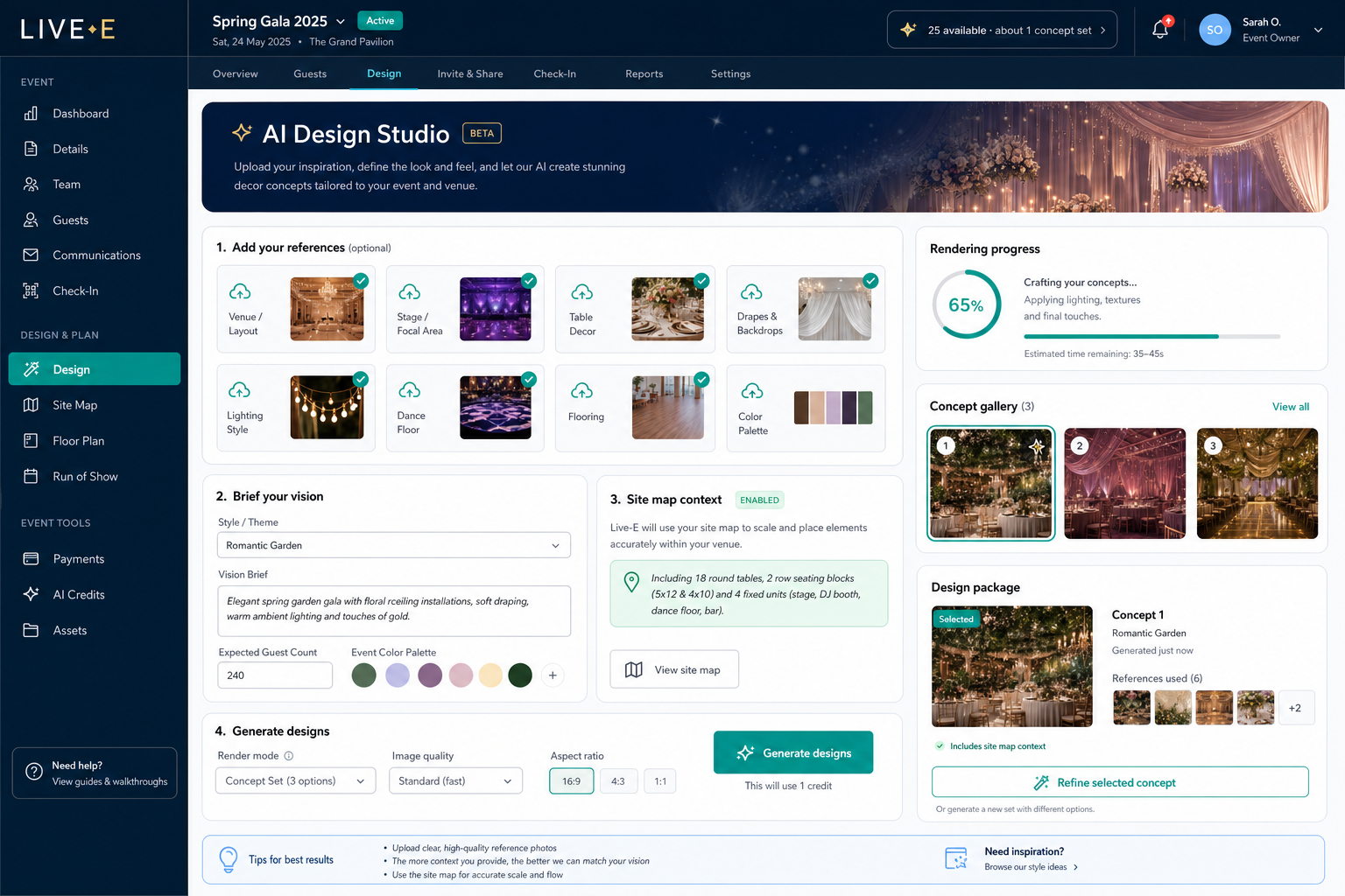 Live-E AI Design Studio showing decor references, brief form, site-map context, render progress, concept gallery, and design package.